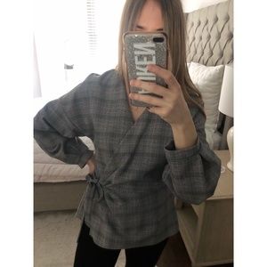 Zara Grey Plaid Wrap Top with Puff Sleeves